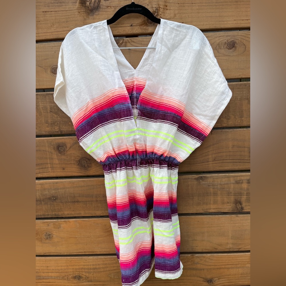 NWT Lemlem V front tunic / swim cover, striped multicolor plum, size Medium.